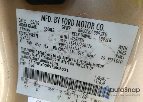 2009 Ford F-250 Xl/Xlt из США, поврежденный, VIN 1FTNF20559EB08531